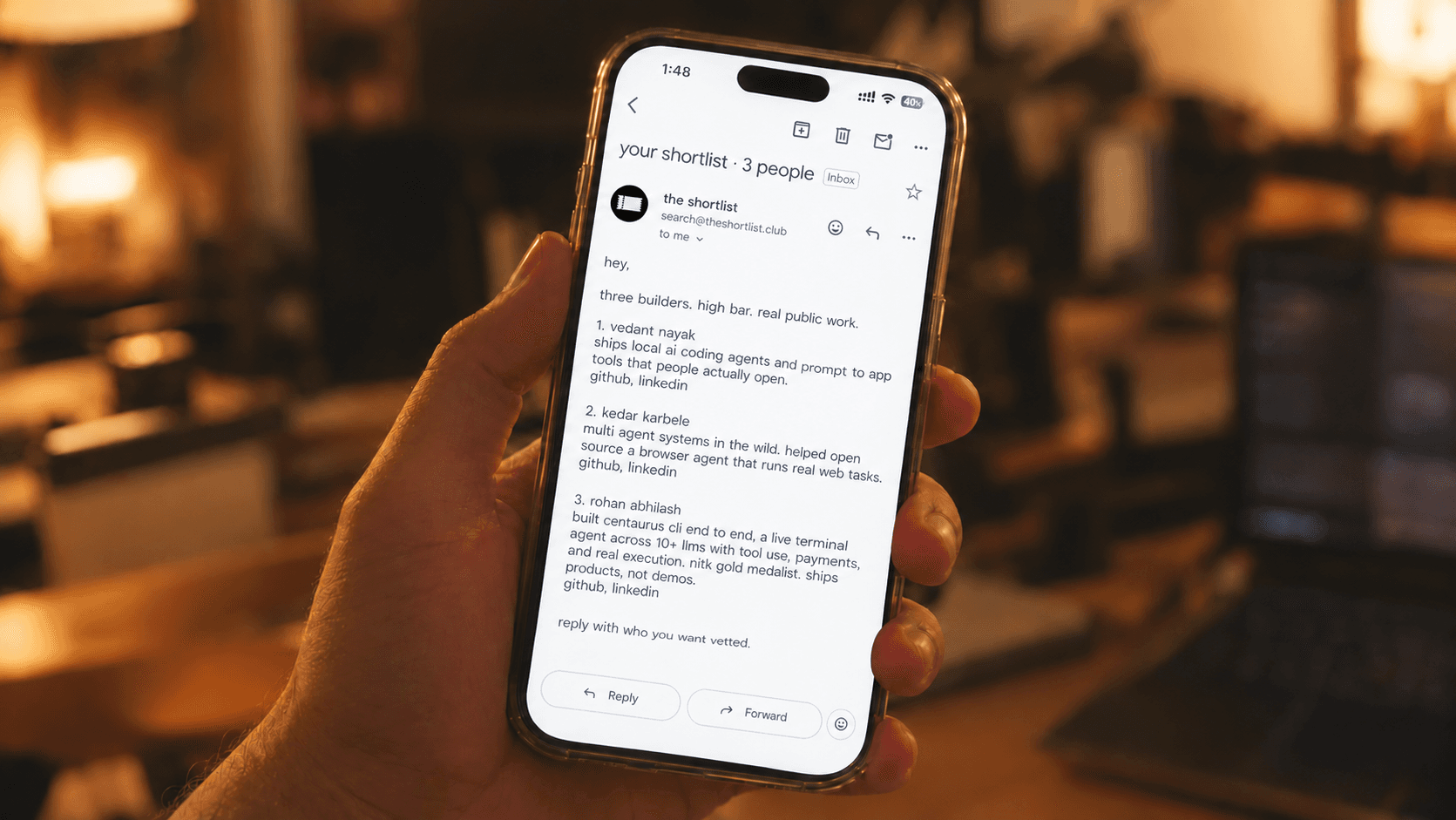 phone showing a shortlist email from the shortlist